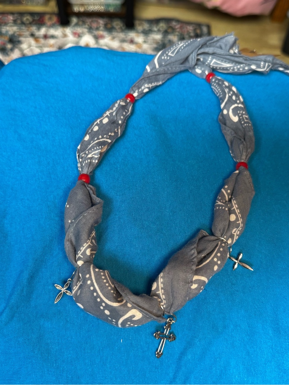 Grey Bandana Necklace with Cross Charms - Unbranded